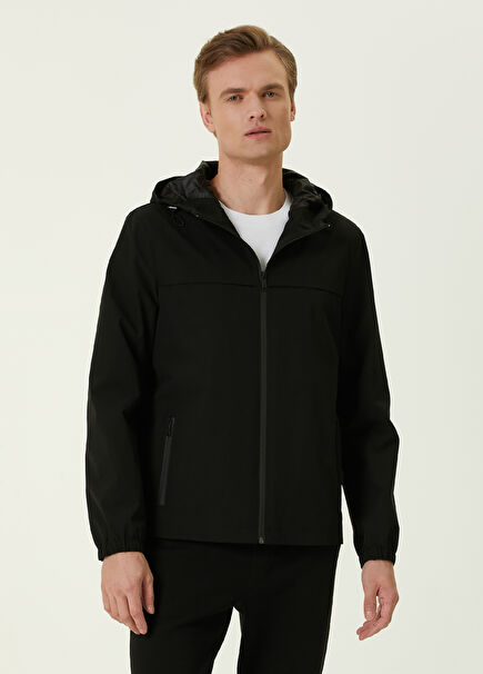 Black Hooded Monogram Detailed Coat