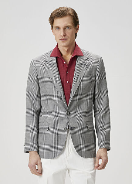 Navy Blue Plaid Patterned Wool Jacket