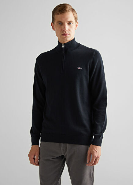 Siyah Pamuklu Regular Fit Yarım Fermuarlı Erkek Kazak