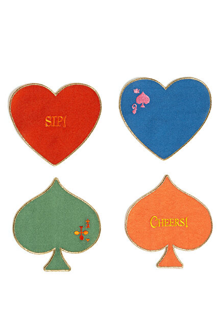 Nilüfer Digital Printed Embroidered Colorful Polyester 4-Piece Coaster Set