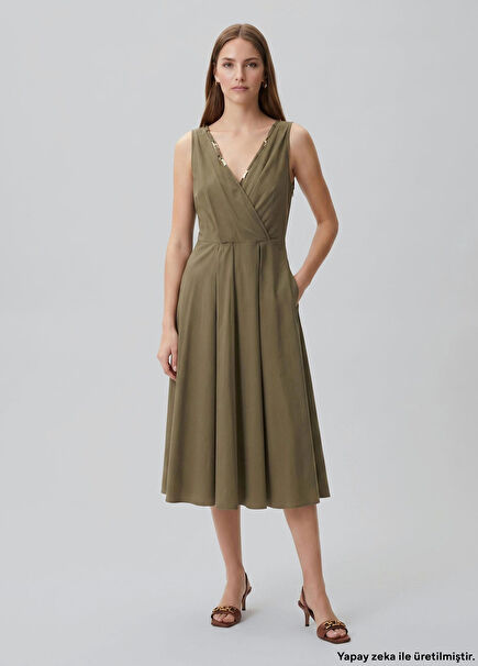 Khaki Pleat Detail Midi Dress