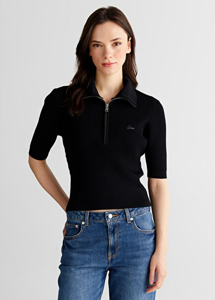 Siyah Yarım Fermuarlı Slim Fit Truvakar Kol Kadın Kazak