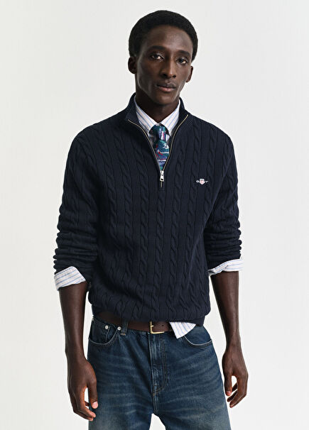 Lacivert Pamuklu Regular Fit Yarım Fermuarlı Erkek Örgü Kazak