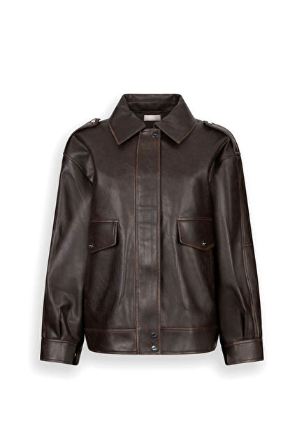 Kahverengi Suni Deri Cepli Kadın Ceket