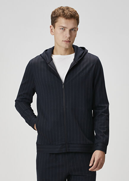 Lacivert Kapüşonlu Çizgi Desenli Hırka