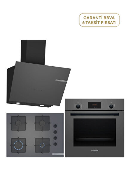 HBF512BH1T Oven + POP7C9P30O Cooker + DWK66PJ70T Extractor Hood Grey Built-in Set