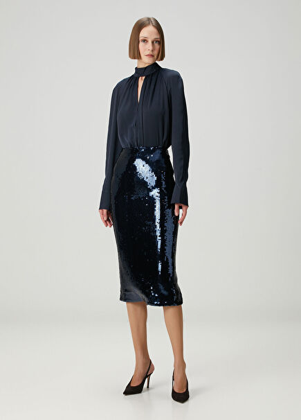 Navy Blue Sequined Midi Evening Skirt