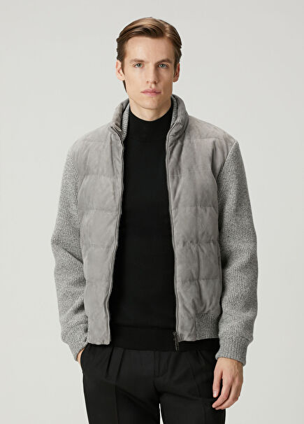 Gri Triko Garnili Süet Mont