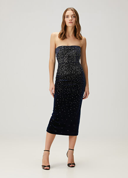 Navy Blue Embellished Midi Velvet Cocktail Dress