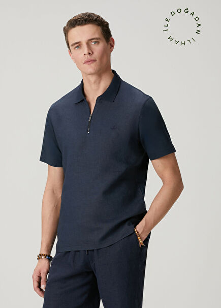 Lacivert Comfort Fit Önü Keten Polo T-shirt