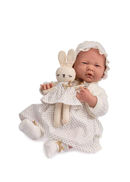 Beyaz Hırka ve Tavşanlı Yenidoğan Oyuncak Kız Bebek 39 cm 