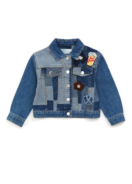 Mavi Patchwork Desenli Kız Çocuk Denim Ceket