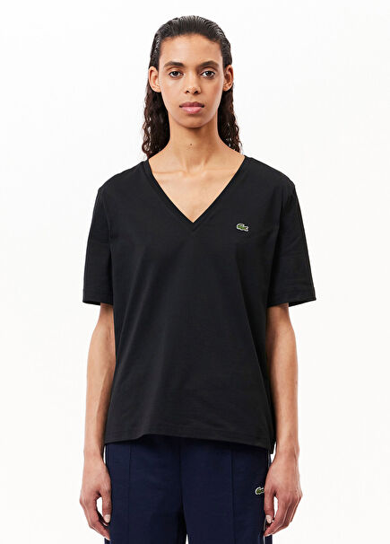Siyah V Yaka Relaxed Fit Kısa Kollu Kadın T-shirt