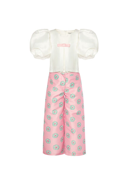 Pembe Çiçekli Pamuklu Pantolon Bluz Kız Çocuk 2'li Set