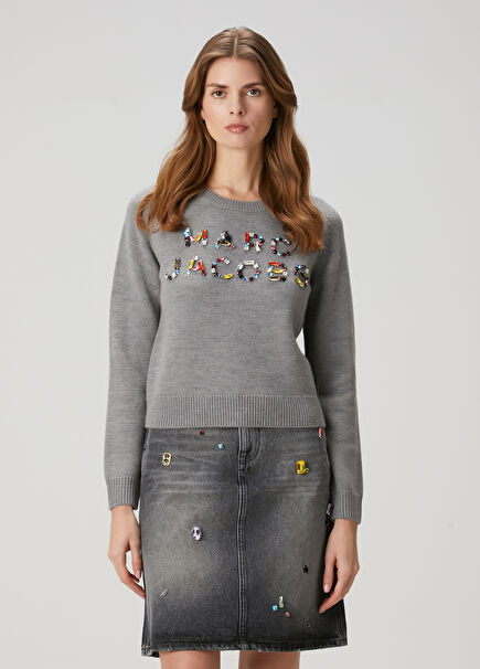 Grey Embellished Logo Wool Sweater