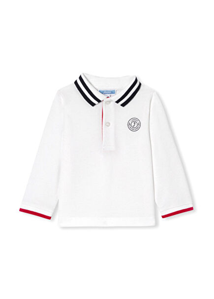 White Cotton Pique Polo Neck Long Sleeve Baby Boy Sweatshirt