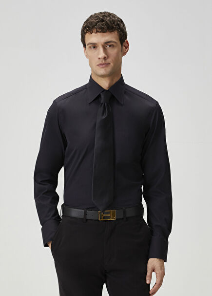 Slim Fit Siyah Stretch Poplin Gömlek