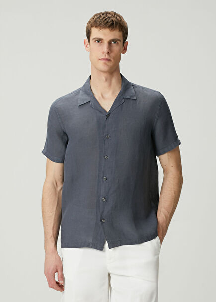 Lacivert Kısa Kollu Keten Gömlek