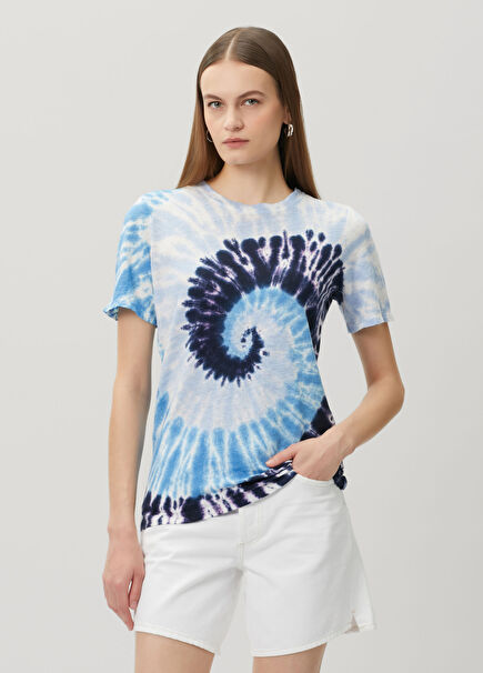 Mavi Desenli Keten T-shirt