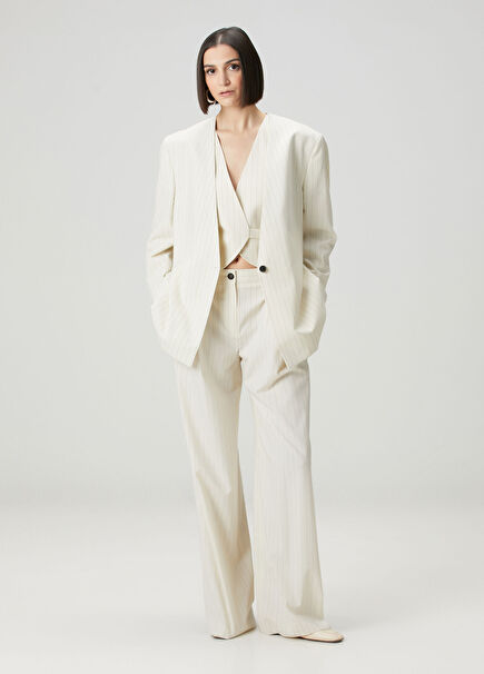 Krem Çizgili Pantolon