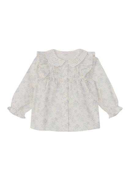 Desenli Beyaz Yaka Detaylı Uzun Kollu Kız Bebek Bluz