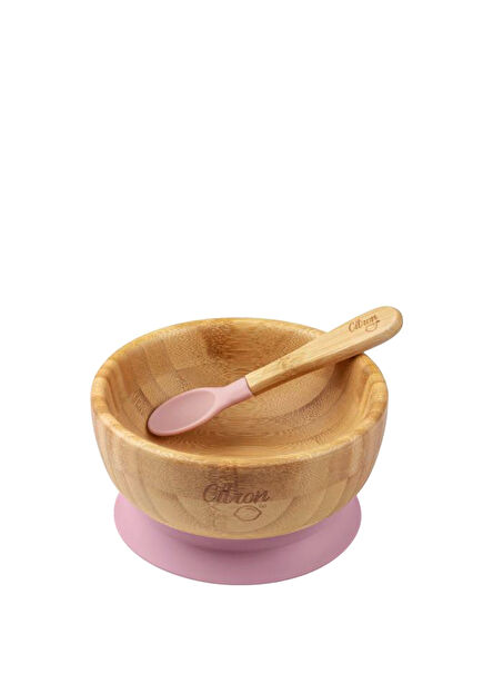 Blush Pink Vakum Tabanlı Organik Bambu Kase Kaşık Seti