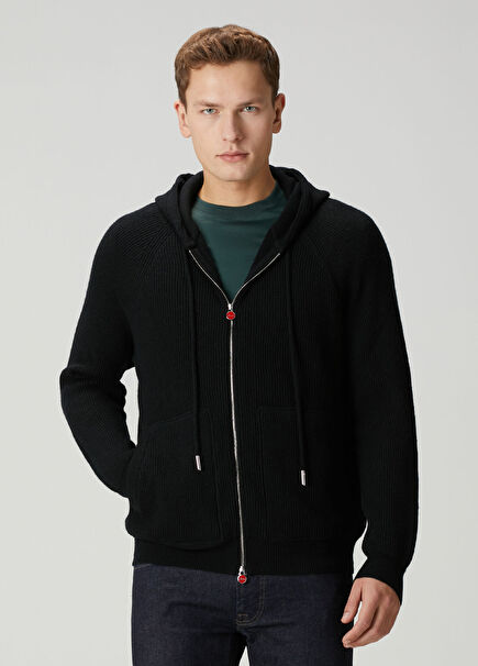 Siyah Kapüşonlu Kaşmir Triko Hırka