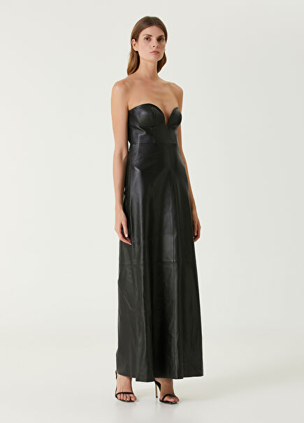 Black Strapless Maxi Leather Evening Dress
