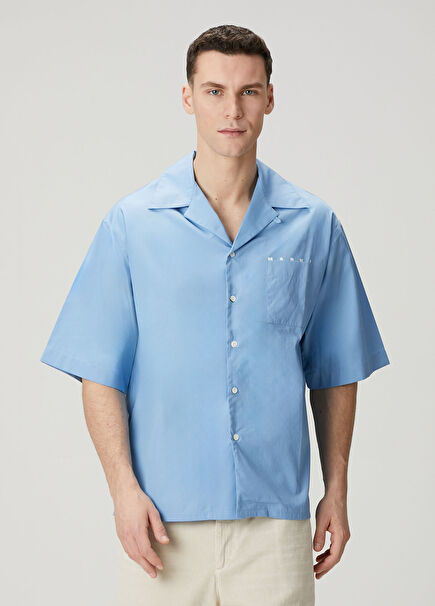 Mavi Logo Nakışlı Kısa Kollu Gömlek