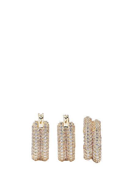 Gold Taş Detaylı Kadın Earcuff Küpe Seti