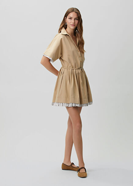 Beige Striped Mini Shirt Dress