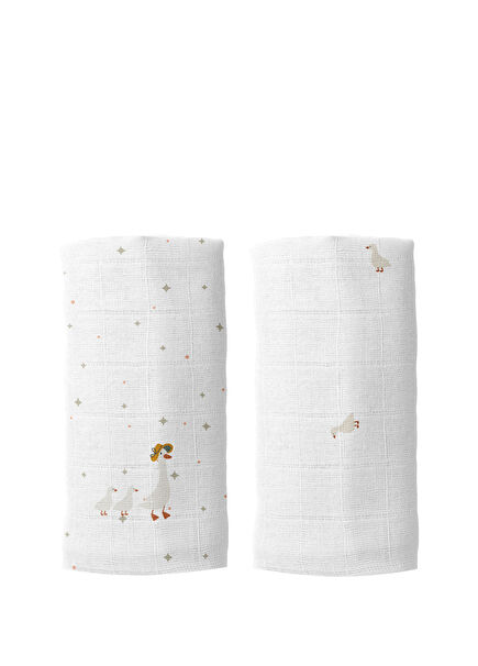 Feather Nakışlı %100 Organik Pamuk 2'li Müslin Örtü Seti