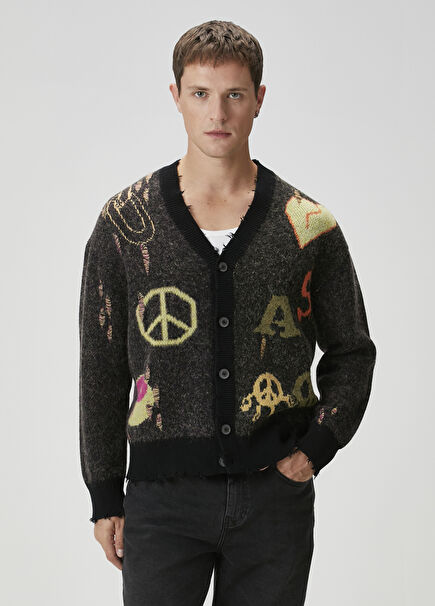 Emotive Black Figure Jacquard Knit Cardigan
