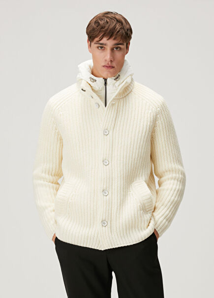 White Hooded Inner Collar Detail Wool Coat
