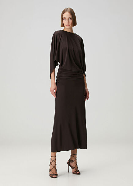 Kahverengi Drapeli Midi Kokteyl Elbise