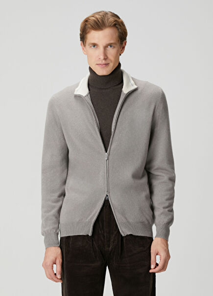 Beyaz Gri Yün Triko Hırka