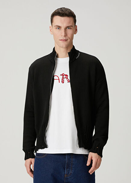 Siyah Logo Nakışlı Triko Hırka