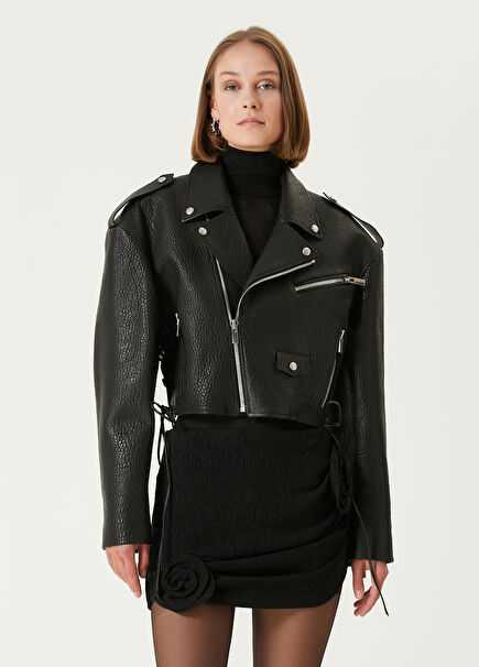 Siyah Crop Deri Biker Ceket