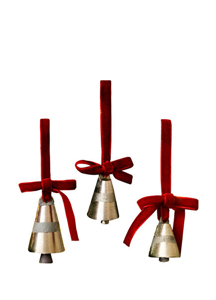 X Den.ınteriors 3-Piece Velvet Red Ribboned Gold Bell Tree Ornament