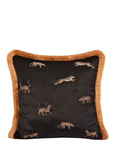 Dekoratif Leopar Desenli Siyah Kadife Kırlent Kılıfı 45 x 45 cm