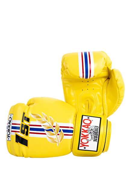 First At The Race Yellow Leather 14 Oz Boxing + Kick Boxing + Muay Thai Gloves