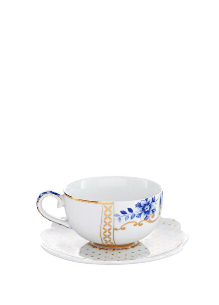 Royal White Mavi Beyaz Desenli Porselen Kahve Fincanı ve Tabağı