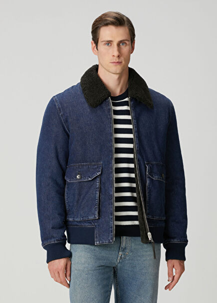 Koyu Mavi Çift Taraflı Shearling Mont