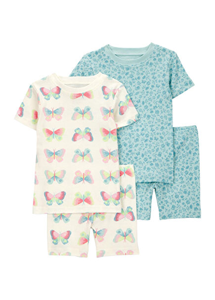 Baskılı Renkli Kısa Kollu Kız Bebek 4'lü Pijama Seti