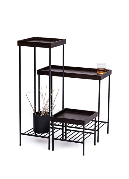 Dark Edge Solid Oak Pot Stand Set and Side Table