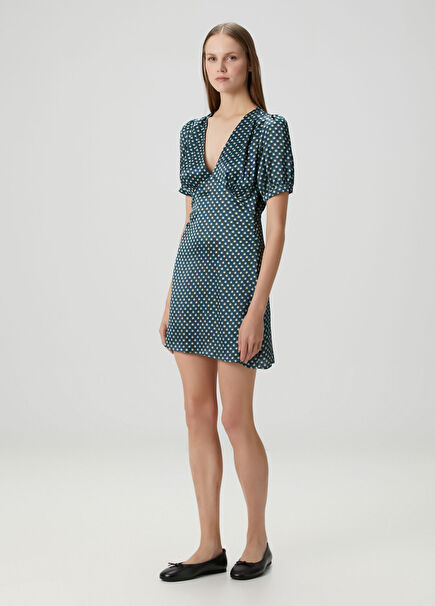 Eldermoon Mavi Çiçekli Mini İpek Elbise