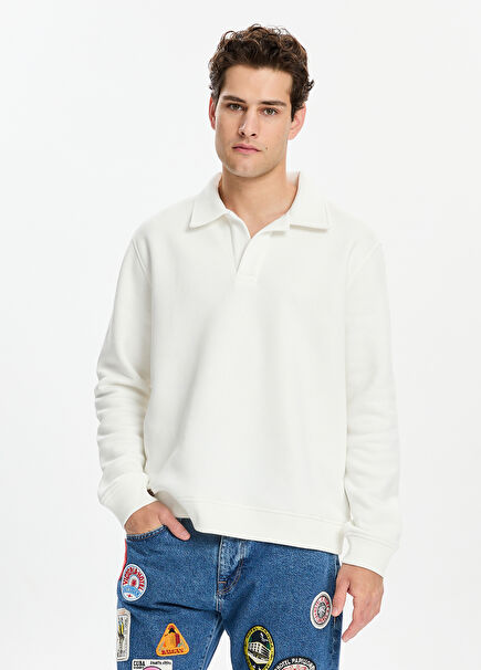 Beyaz Polo Yaka Erkek Sweatshirt