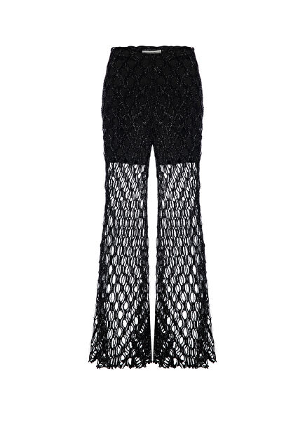 Black Glitter Fabric Lace Detailed Lined Spanish Leg Women's Trousers