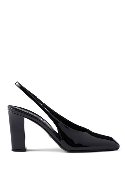 Black Patent Leather Heels with Strap Back
