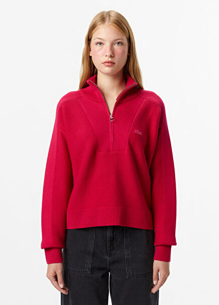 Kırmızı Yarım Fermuarlı Classic Fit Kadın Kazak